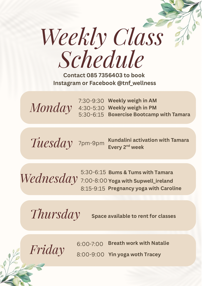 TNF Wellness weekly class schedule